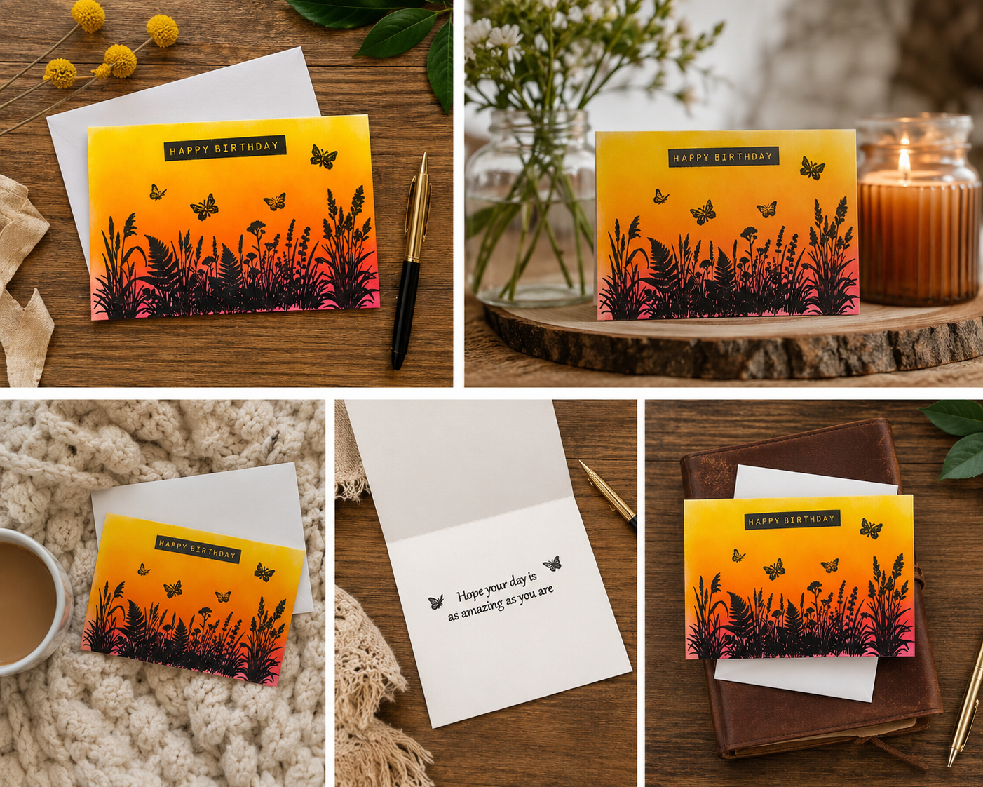 Botanical Silhouette Birthday Card | Sunset Ombre Handmade Greeting Card