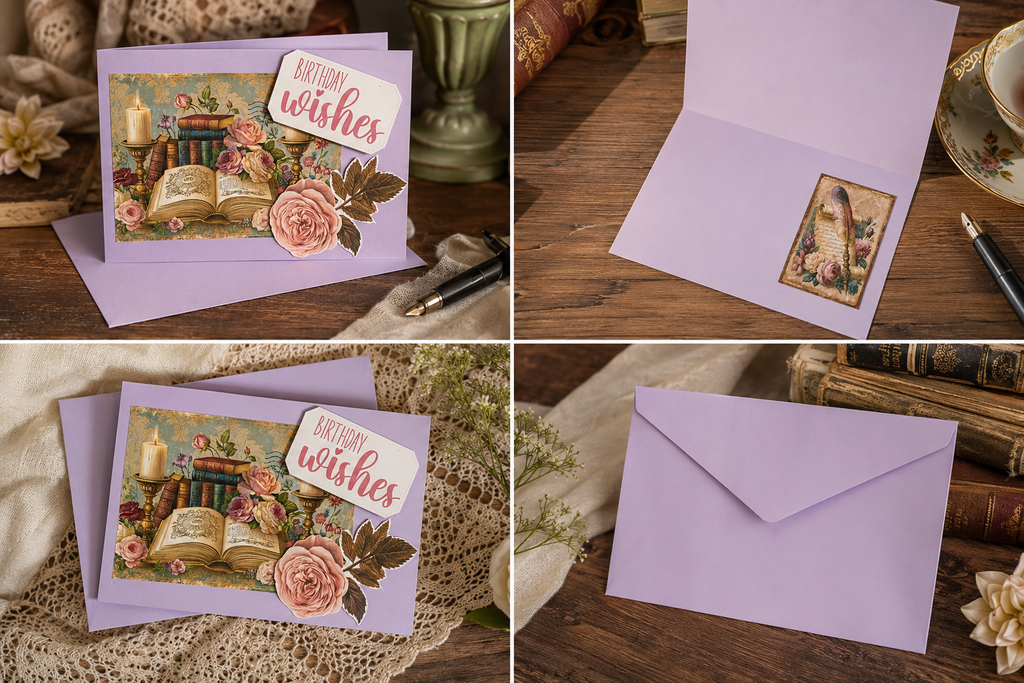 Handmade Birthday Wishes Rose & Vintage Books Greeting Card with Envelope