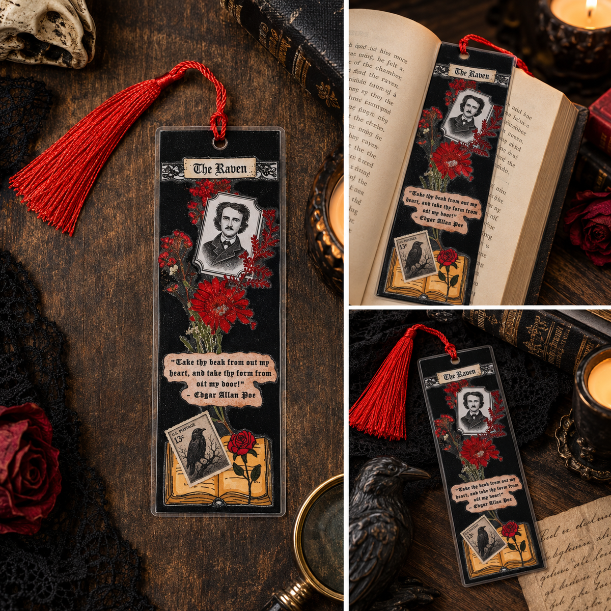 Edgar Allan Poe The Raven Pressed Flower Bookmark