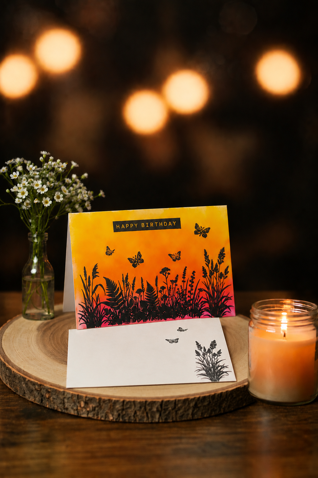 Botanical Silhouette Birthday Card | Sunset Ombre Handmade Greeting Card