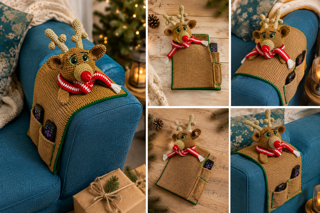 Rudolph Crochet Couch Arm Organizer | Reindeer Remote Holder with Pockets
