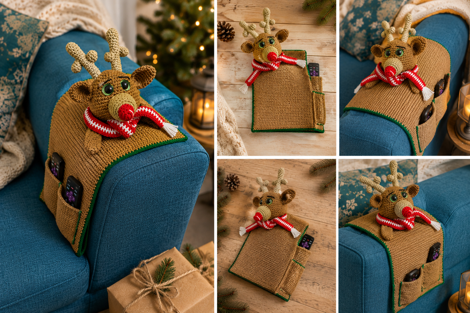 Rudolph Crochet Couch Arm Organizer | Reindeer Remote Holder with Pockets