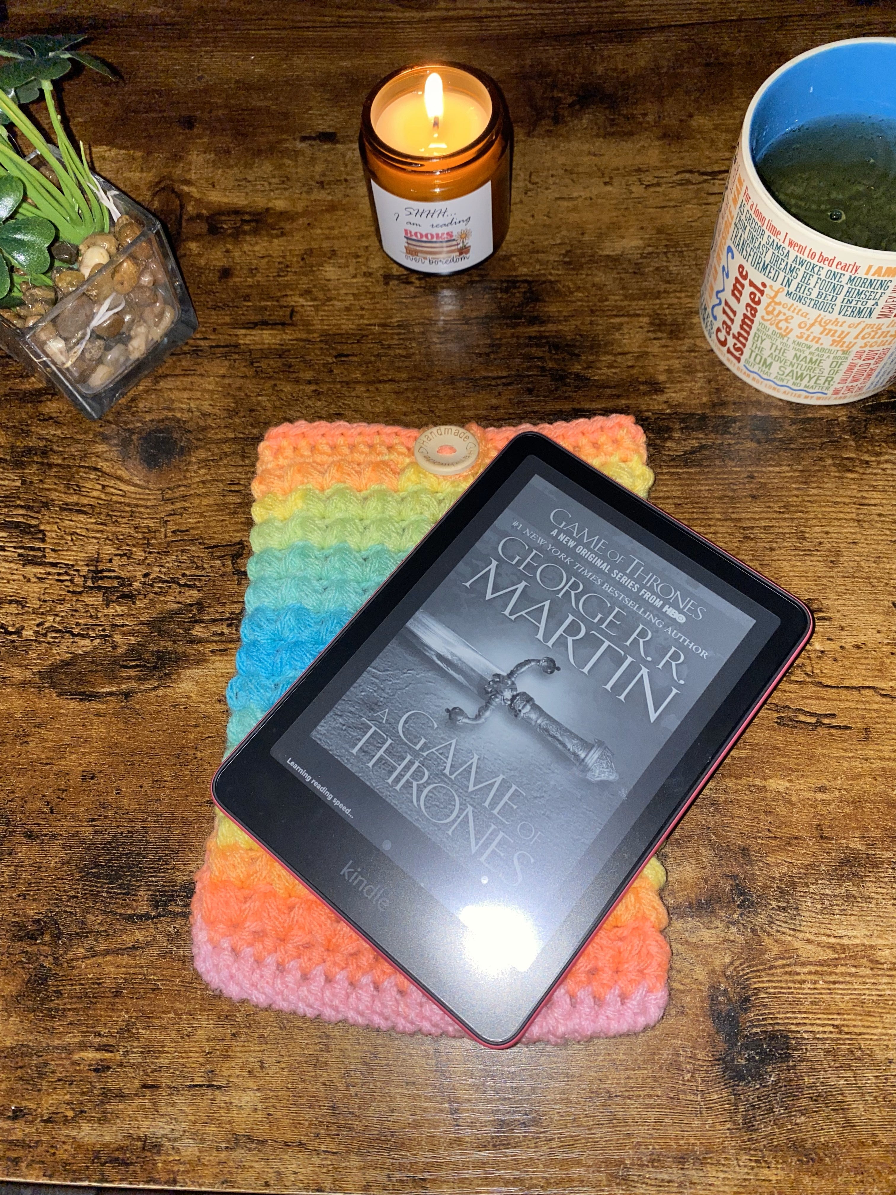 Neon Rainbow Stripe Crochet Tablet E-Reader Book Sleeve