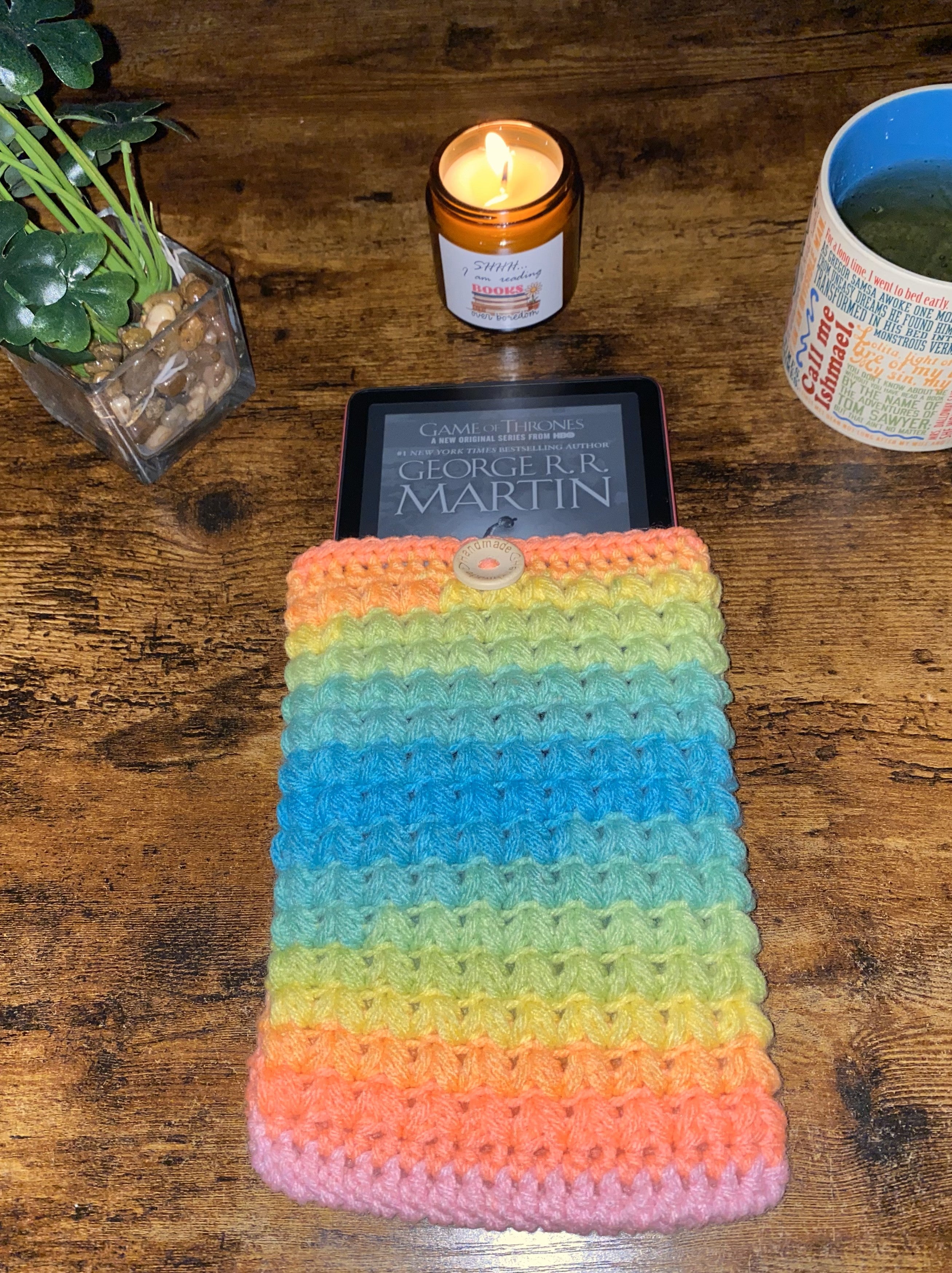 Neon Rainbow Stripe Crochet Tablet E-Reader Book Sleeve