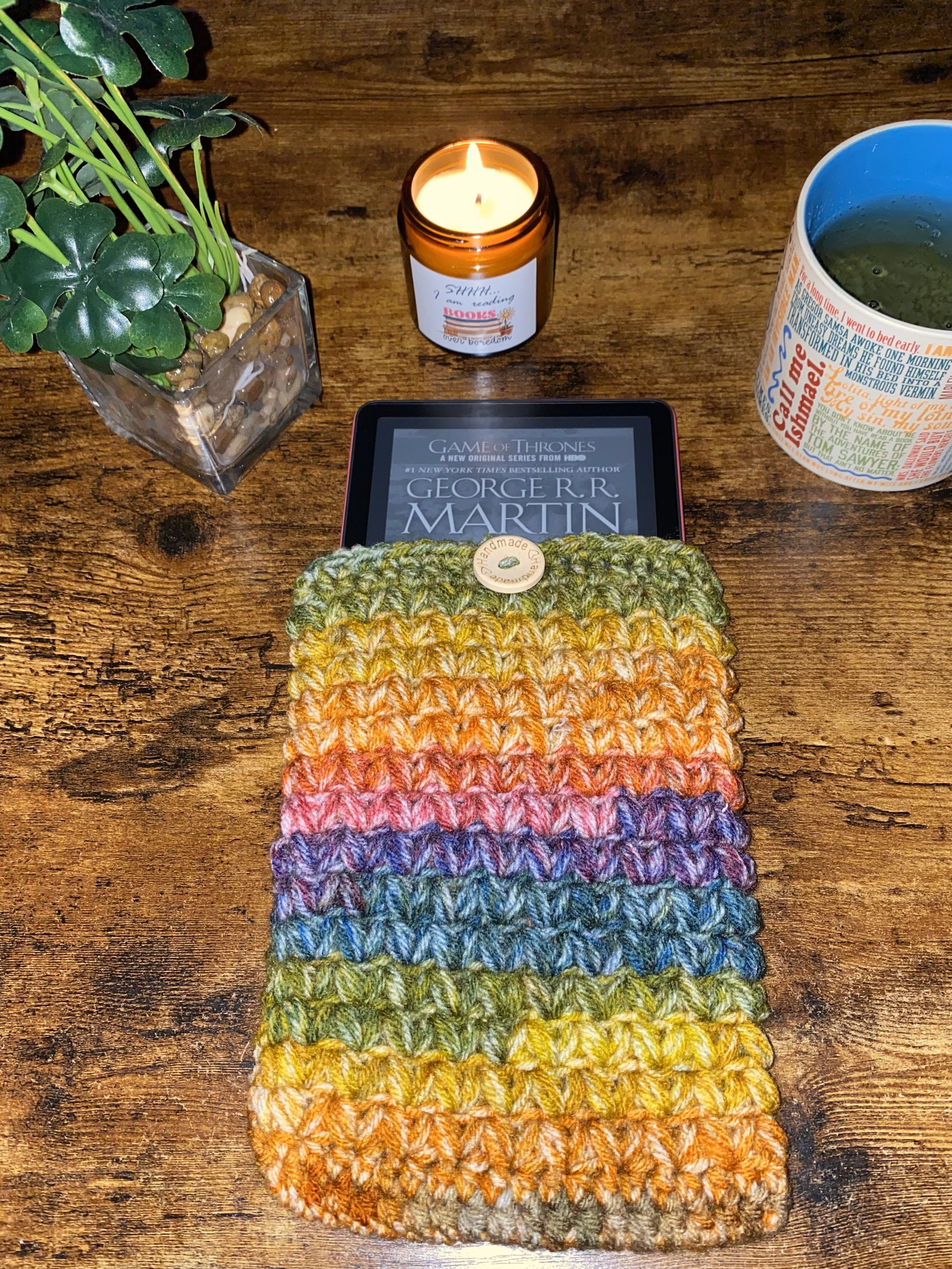 Boho Rainbow Crochet Tablet E-Reader Book Sleeve