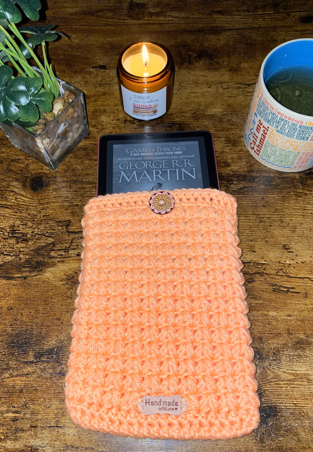 Peach Blossom Crochet Tablet E-Reader Book Sleeve