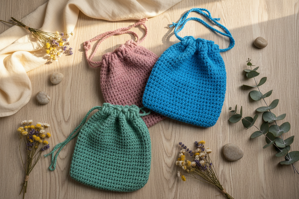 Teal Turquoise Crochet Drawstring Pouch