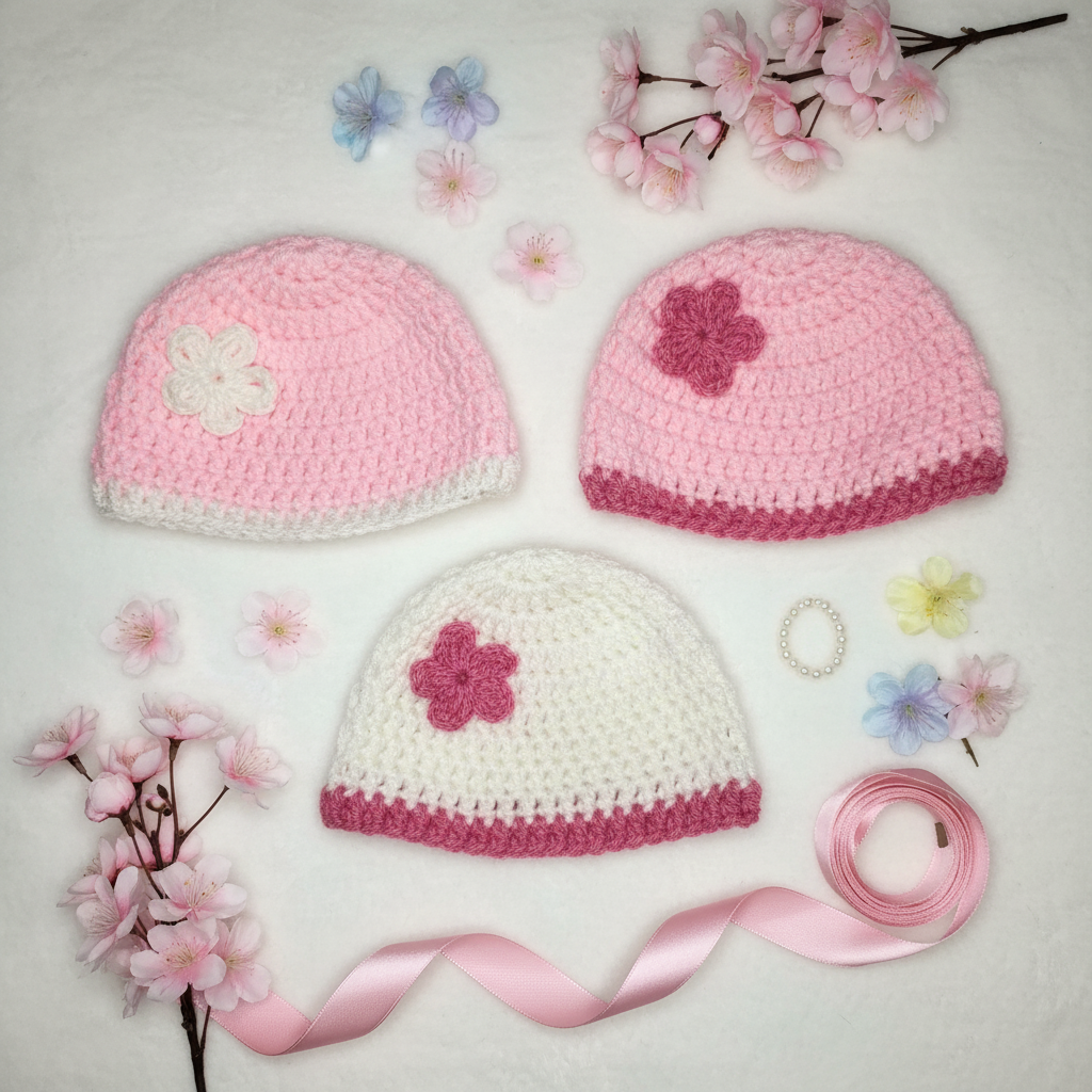 Baby Hat Set With Flowers - Flat Lay