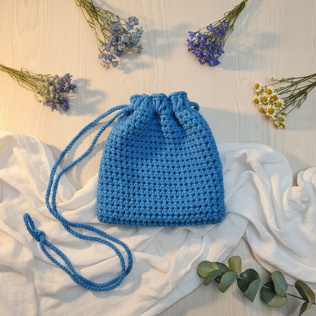 Royal Blue Crochet Drawstring Pouch