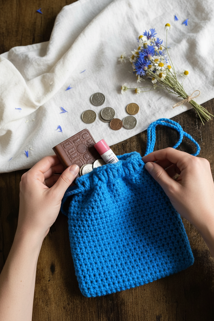 Royal Blue Crochet Drawstring Pouch