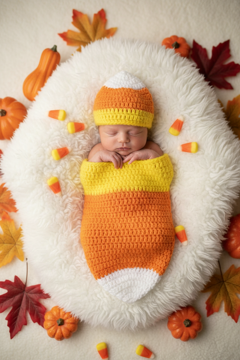Crochet Baby Candy Corn Cocoon & Hat Set | Newborn Halloween Photo Prop