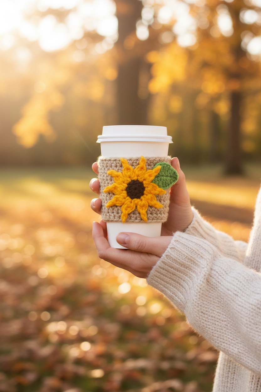 Sunflower Coffee Cup Cozy — Handmade Crochet Sleeve