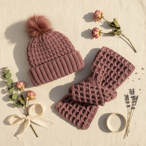 Dusty Rose Hat & Scarf Set - Flat Lay