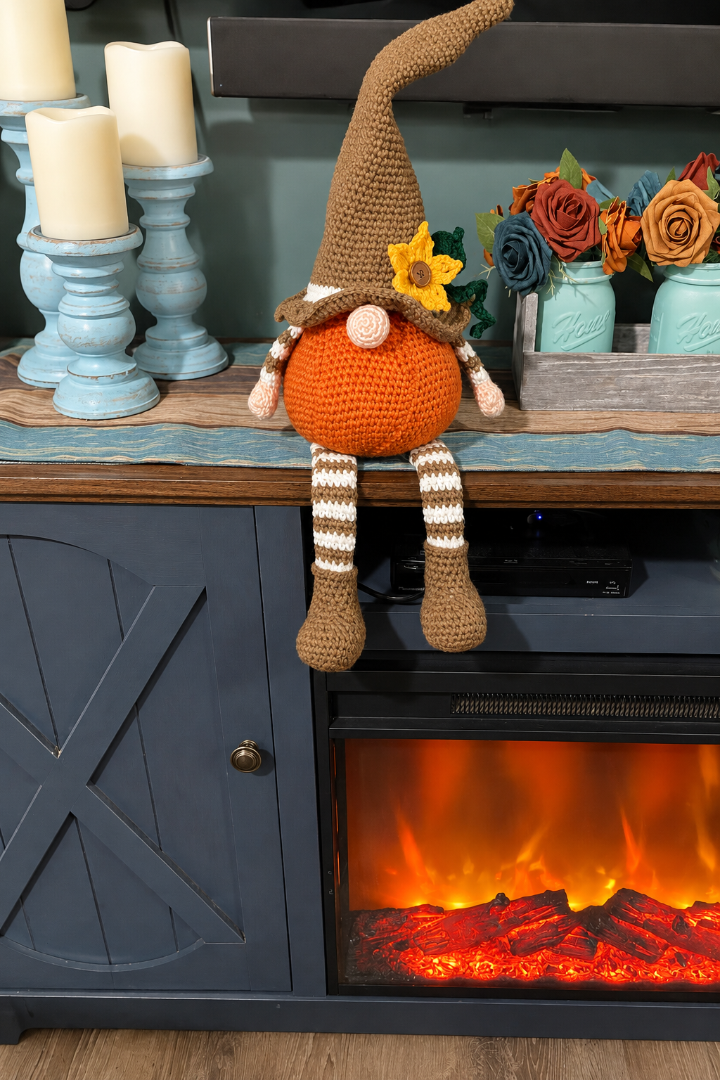 Enhanced pumpkin gnome by the fireplace
