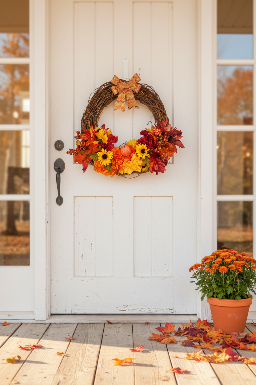 15 Inch Fall Wreath | Handcrafted Grapevine Wreath with Sunflowers, Mums & Pumpkin