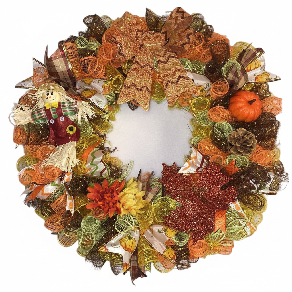 Handmade Fall Harvest Wreath — Deco Mesh Autumn Wreath with Scarecrow & Pumpkin