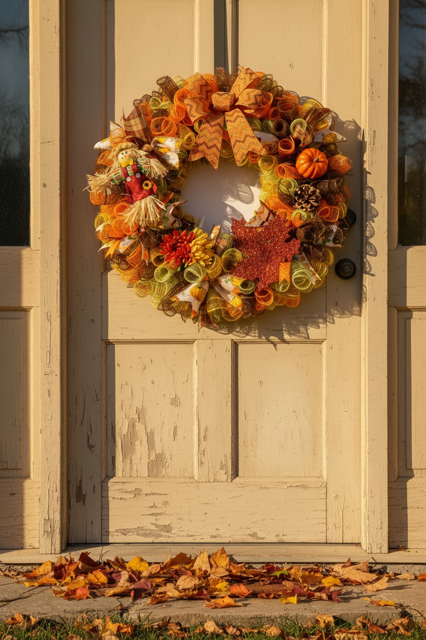 Handmade Fall Harvest Wreath — Deco Mesh Autumn Wreath with Scarecrow & Pumpkin