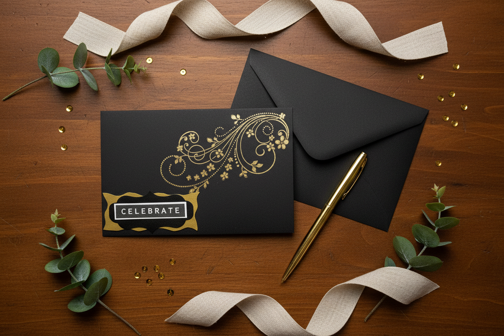Handmade Celebrate Card | Black & Gold Floral Scroll Greeting Card