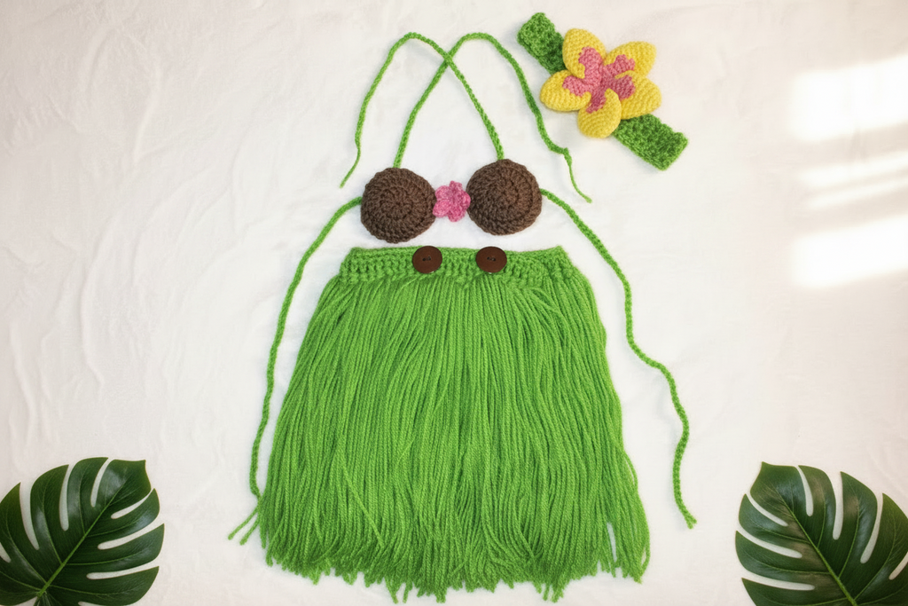 Toddler Hula Costume Set | Crochet Fringe Skirt Coconut Bra & Flower Headband