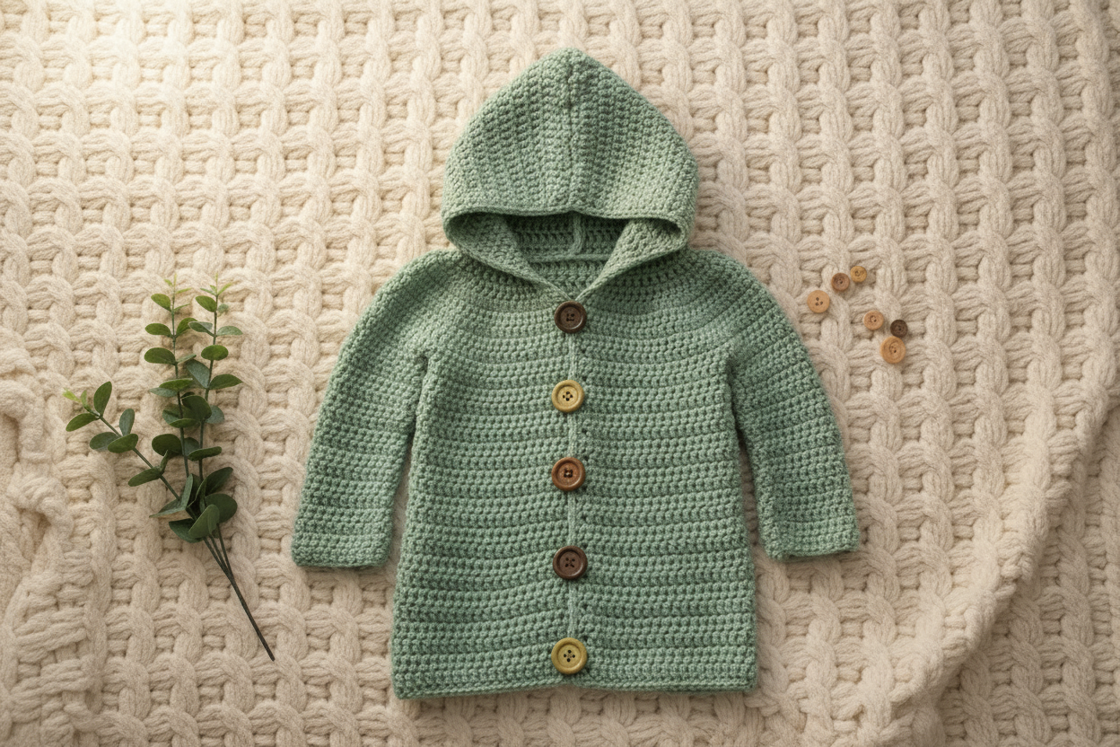 Toddler Crochet Hooded Cardigan Sage Green | Handmade Sweater Coat