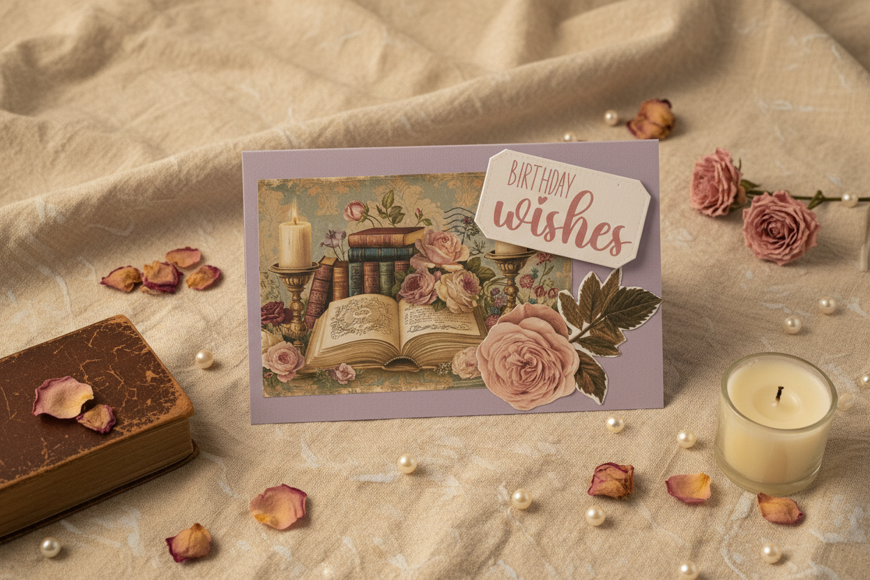 Flat lay of Birthday Wishes easel card