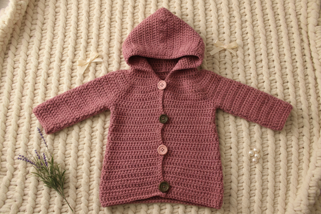 Girls Crochet Hooded Cardigan | Handmade Toddler Sweater Coat | Dusty Rose Pink