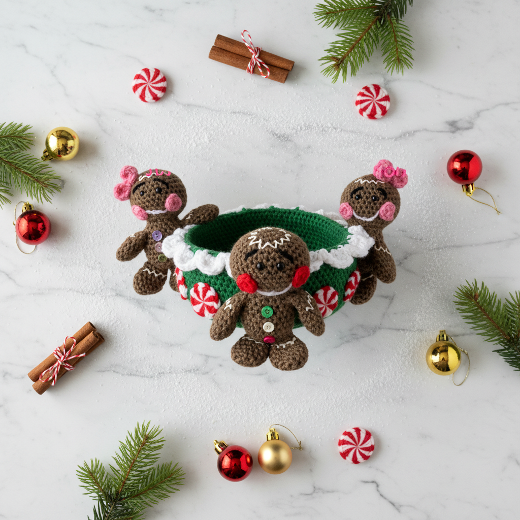 Gingerbread Family Crochet Candy Dish | Handmade Christmas Decor