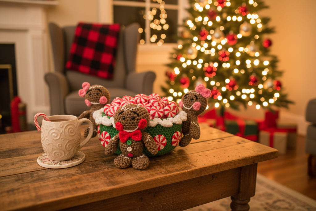 Gingerbread Family Crochet Candy Dish | Handmade Christmas Decor