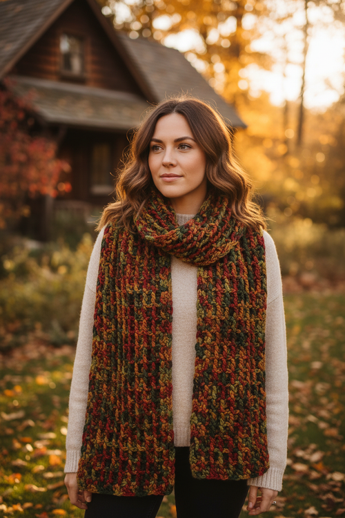 Autumn Leaves Waffle Stitch Crochet Scarf