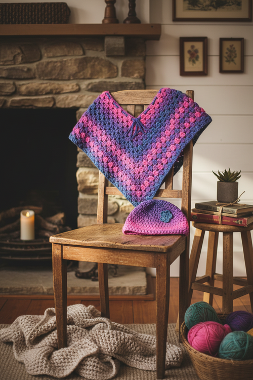 Berry Bliss Kids' Crochet Poncho & Hat Set — Purple & Pink Ombre