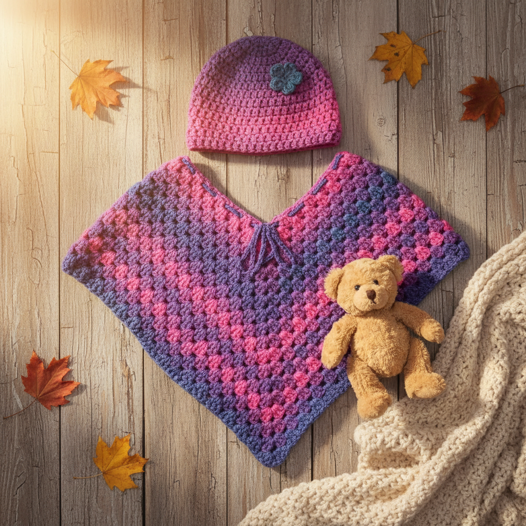 Berry Bliss Kids' Crochet Poncho & Hat Set — Purple & Pink Ombre