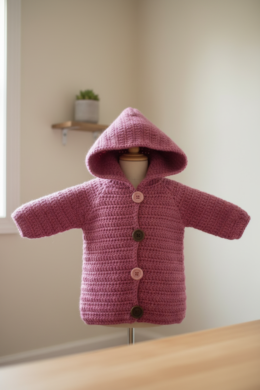 Girls Crochet Hooded Cardigan | Handmade Toddler Sweater Coat | Dusty Rose Pink