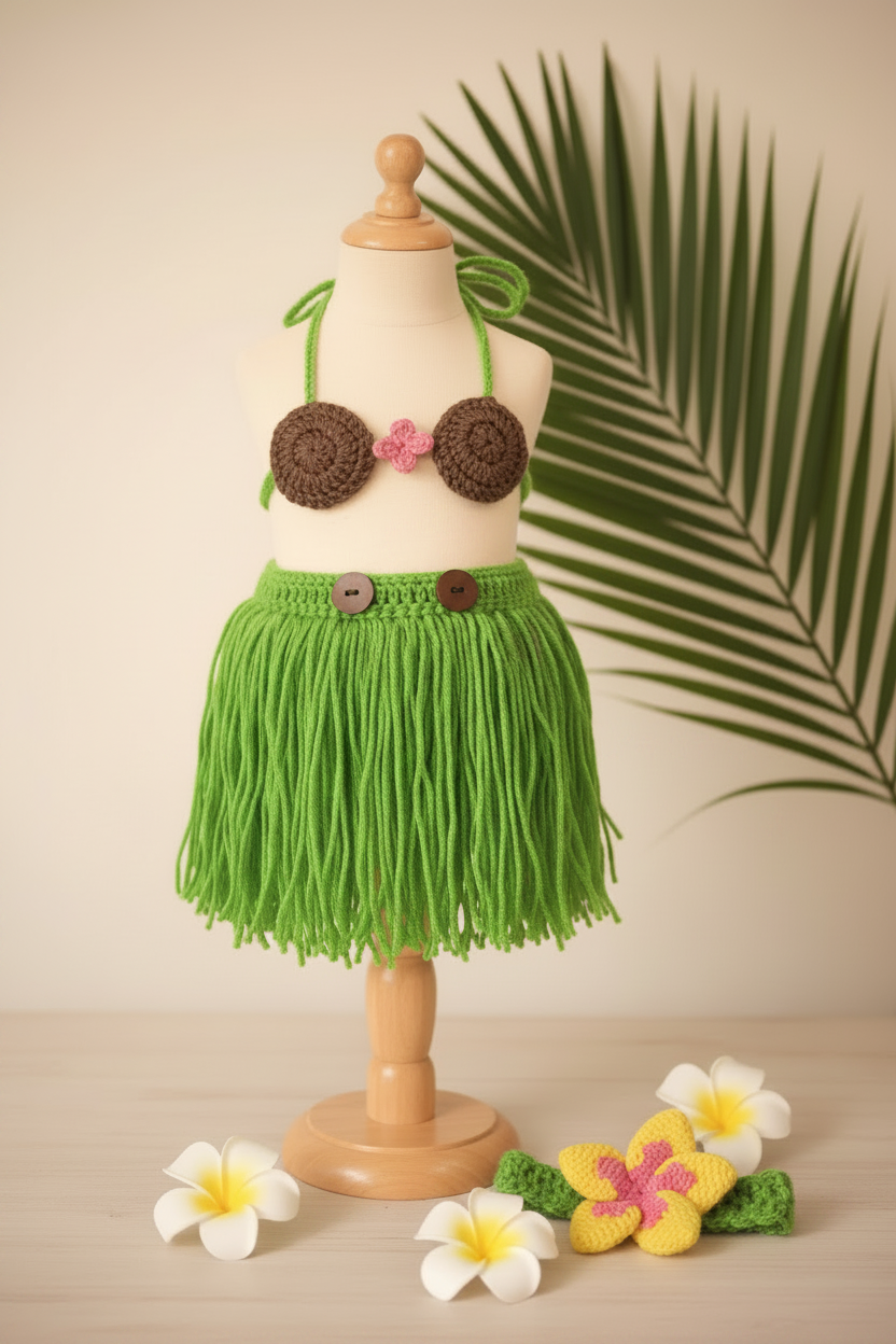 Toddler Hula Costume Set | Crochet Fringe Skirt Coconut Bra & Flower Headband