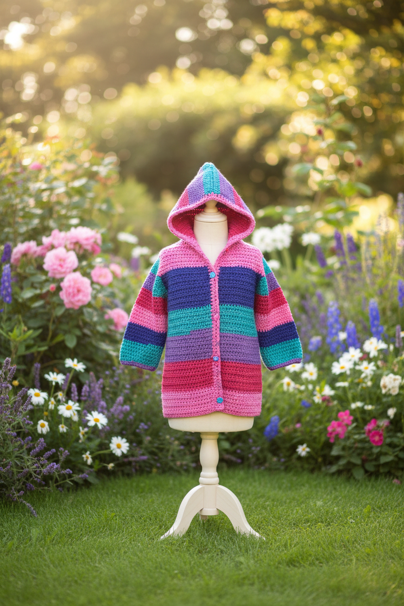 Rainbow Stripe Crochet Hooded Cardigan — Kids