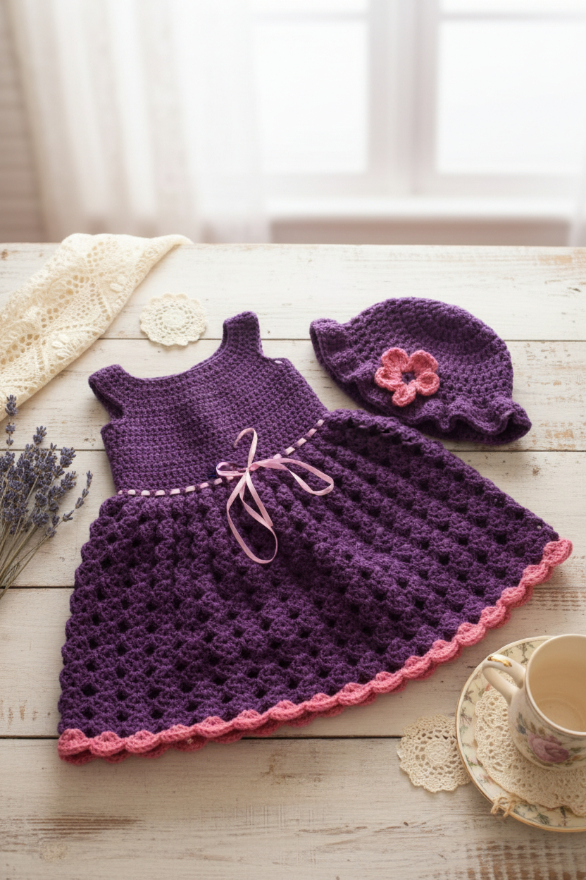 Lifestyle - Purple Crochet Dress & Hat Set