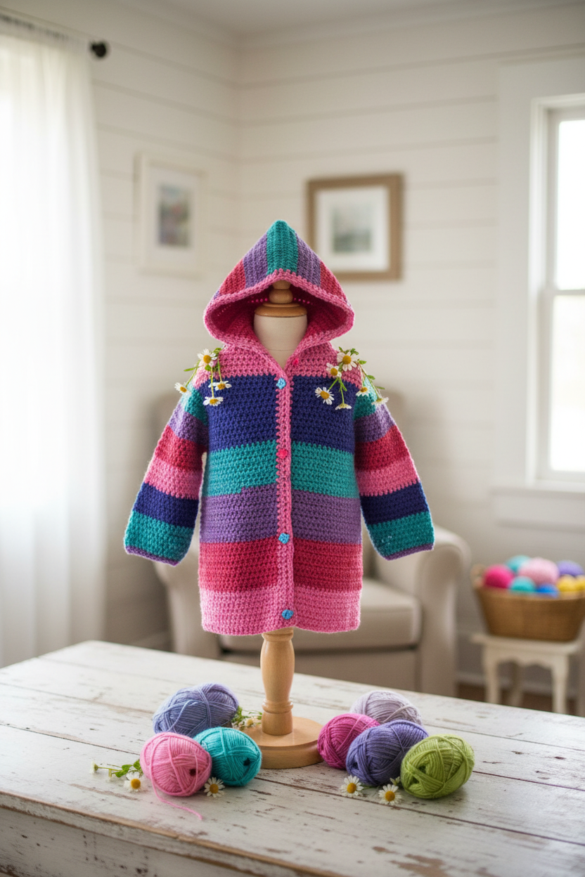 Rainbow Stripe Crochet Hooded Cardigan — Kids