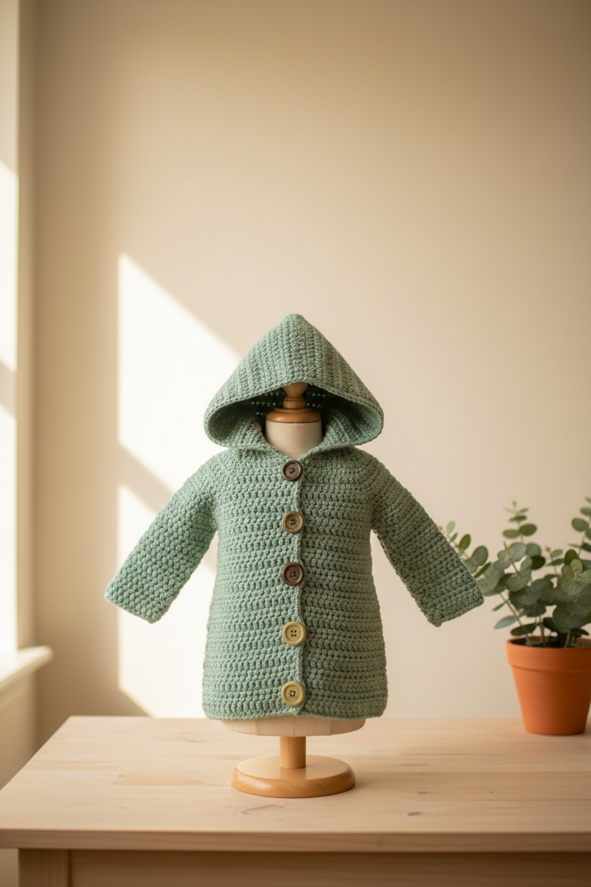 Toddler Crochet Hooded Cardigan Sage Green | Handmade Sweater Coat