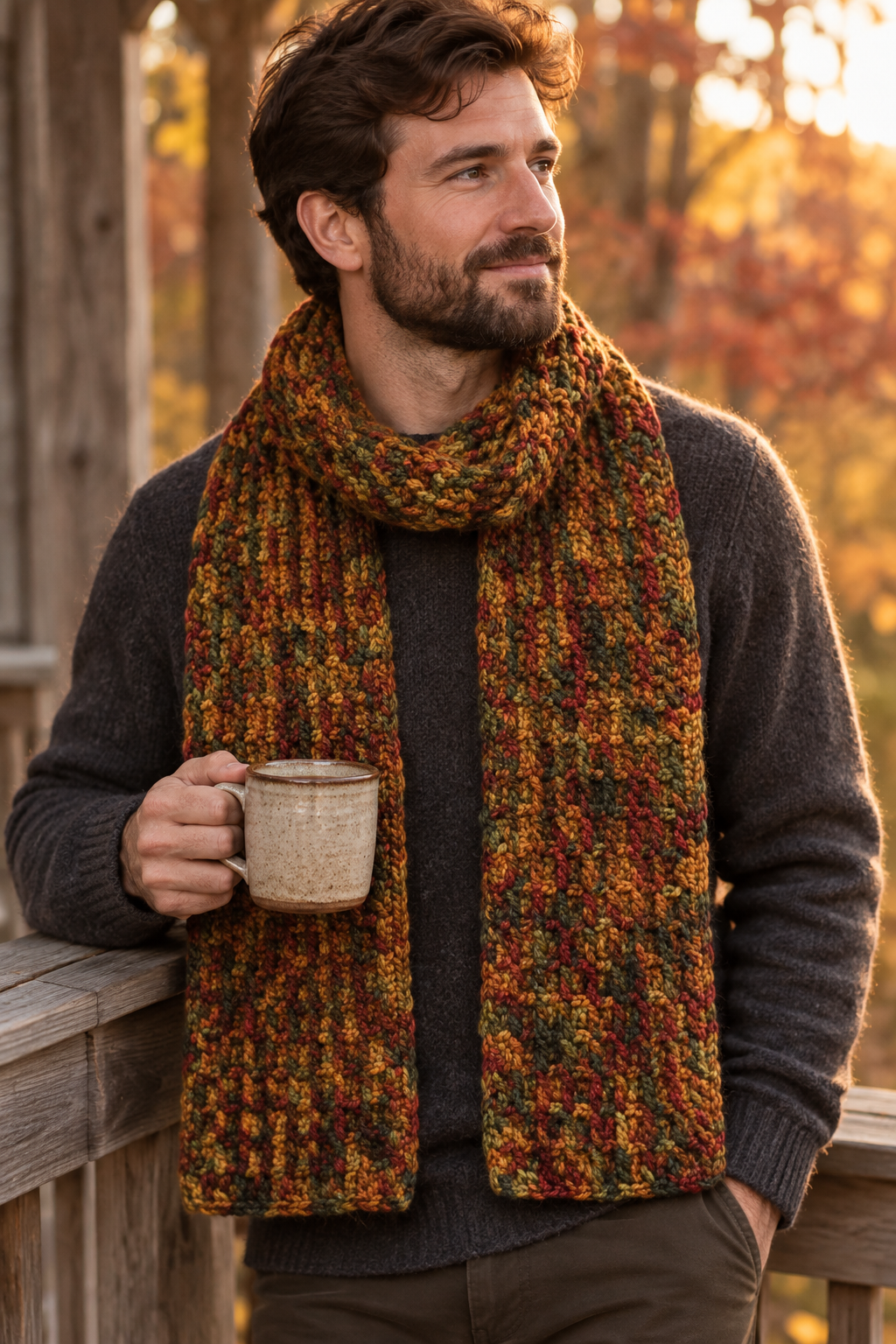 Man wearing the scarf on a porch with a mug