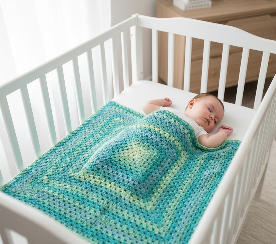 Sage & Seafoam Granny Square Baby Blanket | Handmade Crochet