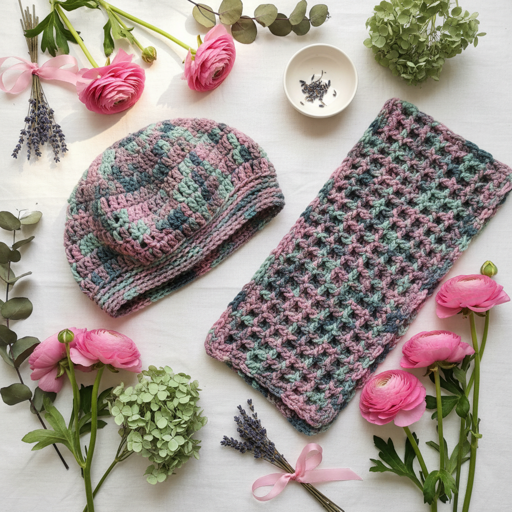 Minty Meadow Crochet Hat & Scarf Set
