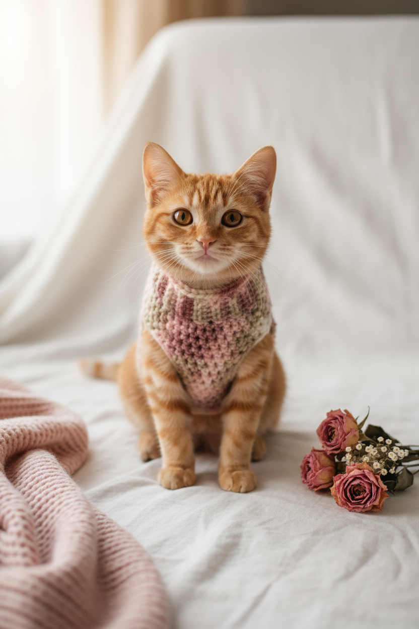 Strawberry Champagne Crochet Pet Sweater | Handmade Cat & Small Dog Sweater