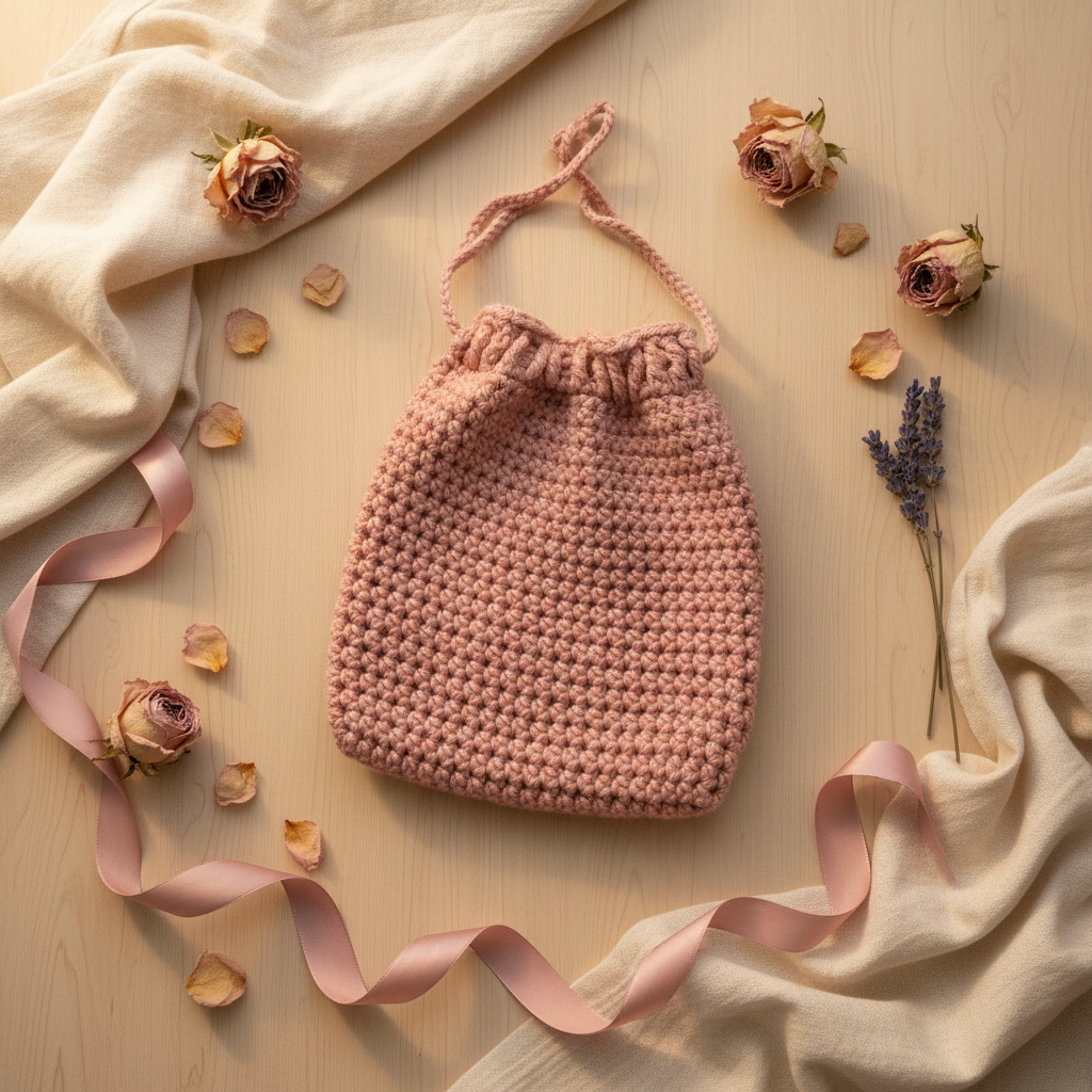 Dusty Rose Crochet Drawstring Pouch