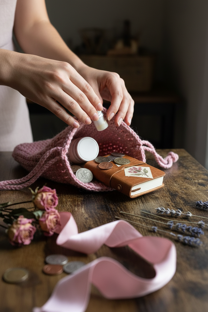 Dusty Rose Crochet Drawstring Pouch