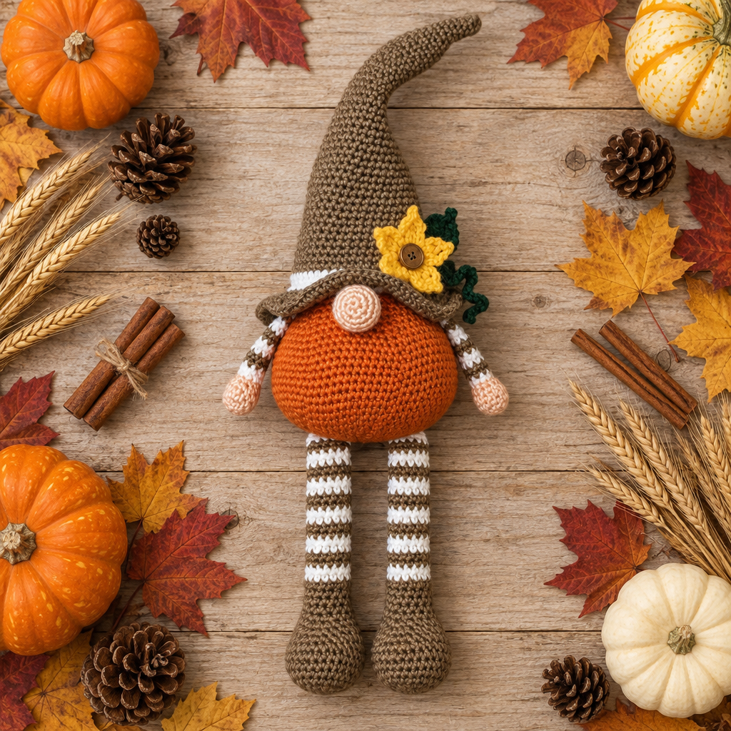 Pumpkin gnome flat lay with autumn leaves and pumpkins