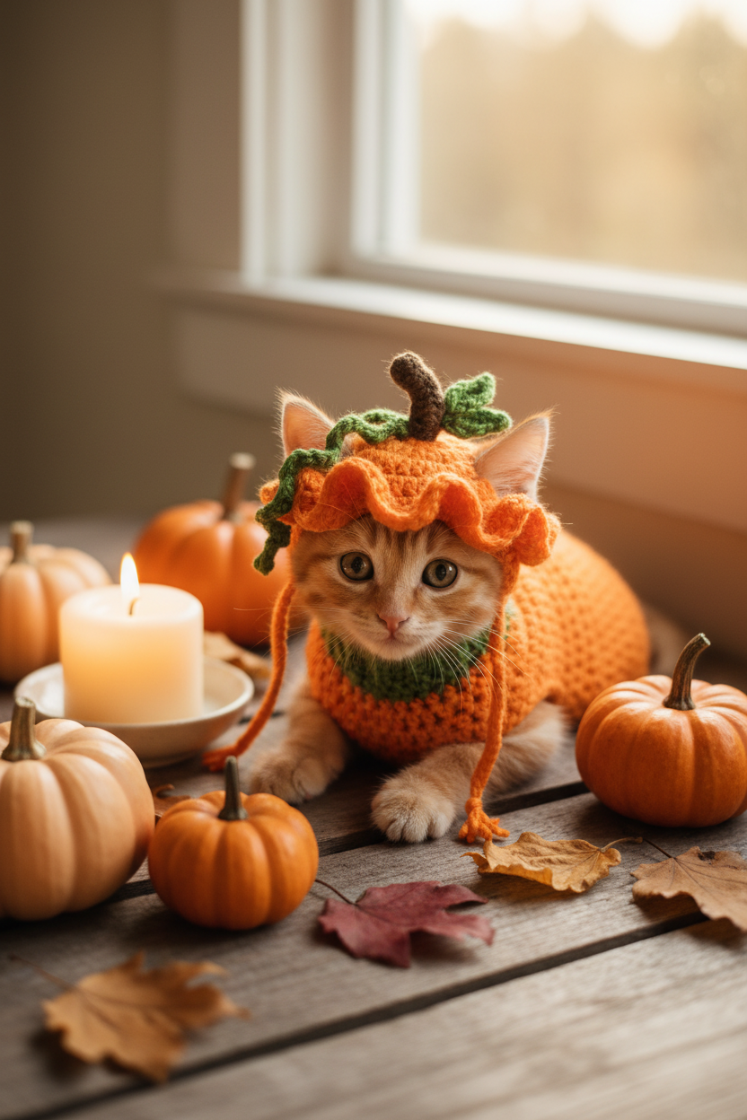 Pumpkin Cat & Dog Costume | Crochet Halloween Pet Costume with Hat & Sweater