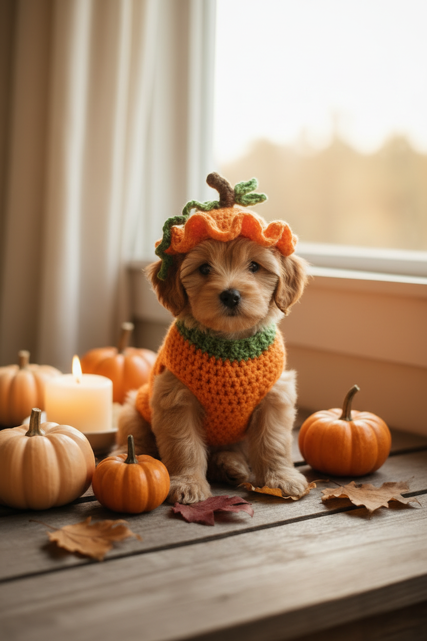 Puppy in a sleeveless crocheted pumpkin sweater and hat