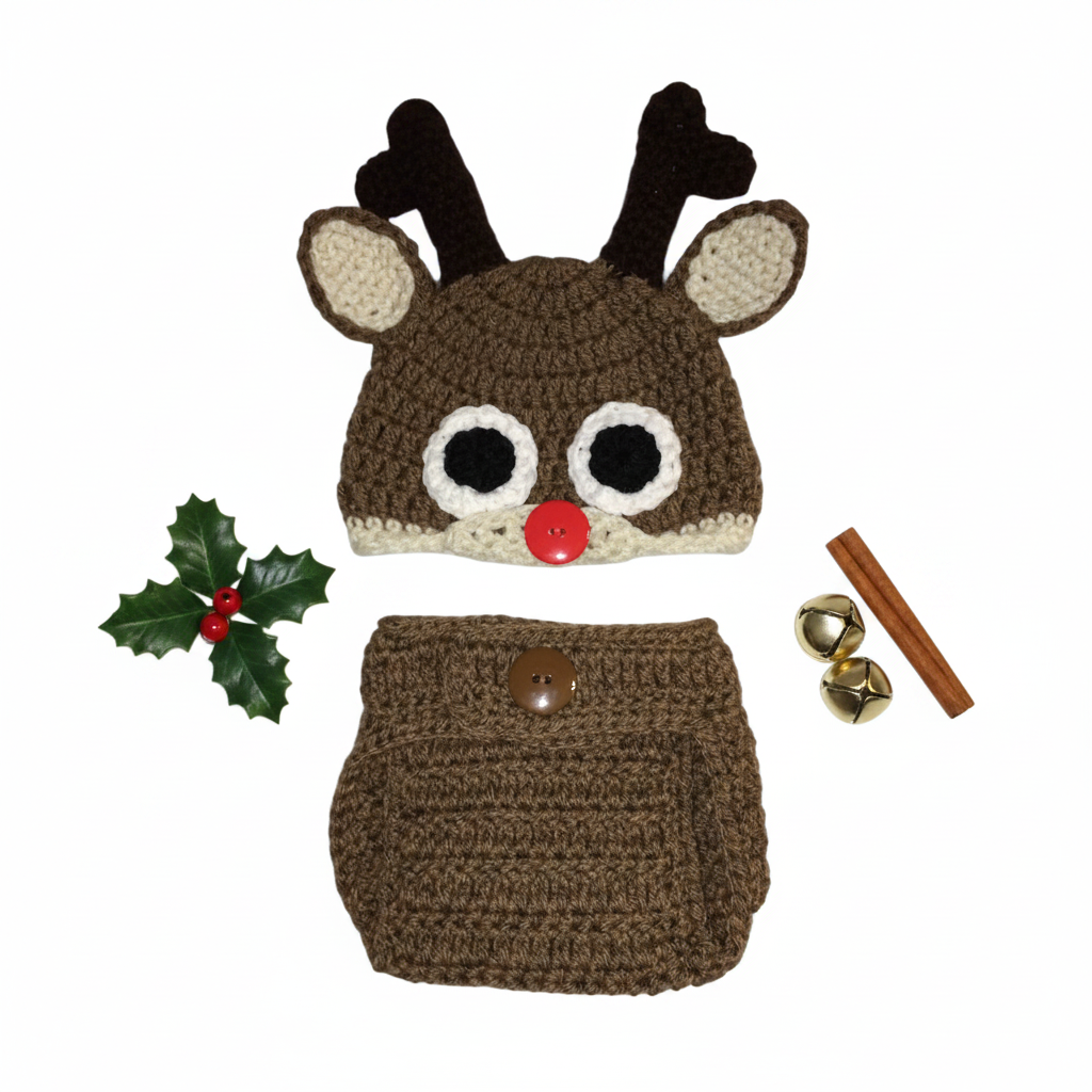 Red-Nosed Reindeer Crochet Baby Set — Christmas Hat & Diaper Cover Newborn Photo Prop