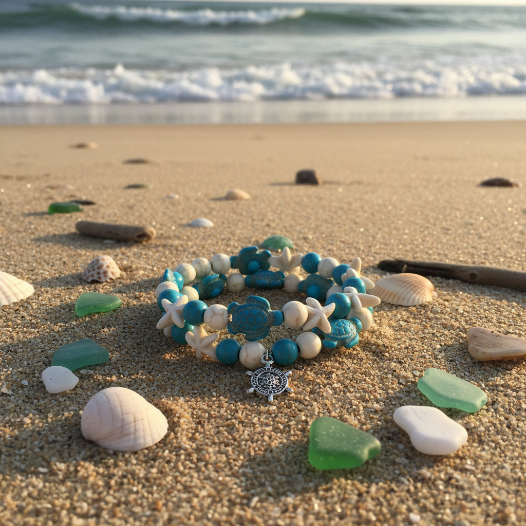 Sea Turtle & Starfish Bracelet Set | Coastal Stone Bead Bracelets