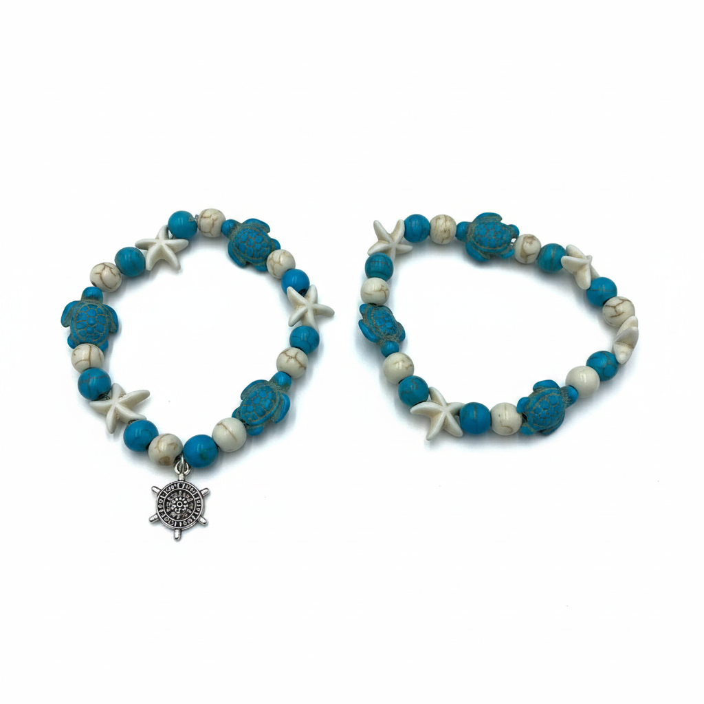 Sea Turtle & Starfish Bracelet Set | Coastal Stone Bead Bracelets