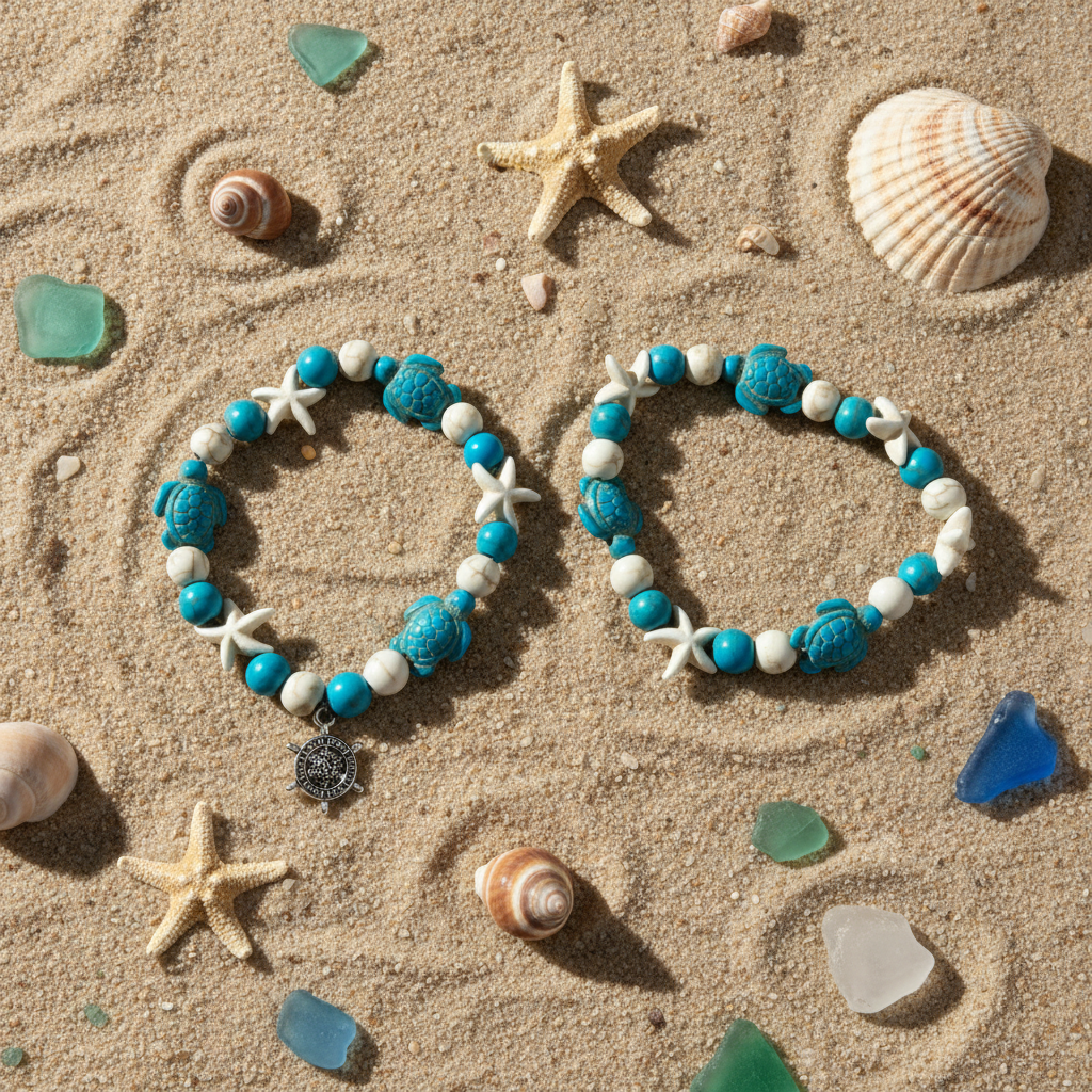 Sea Turtle & Starfish Bracelet Set | Coastal Stone Bead Bracelets